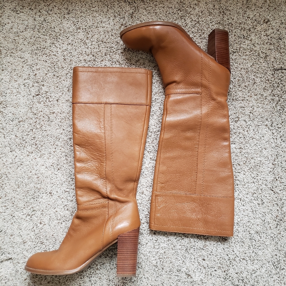 Nine West Tall Caramel Real Leather boots with stacked wood heel